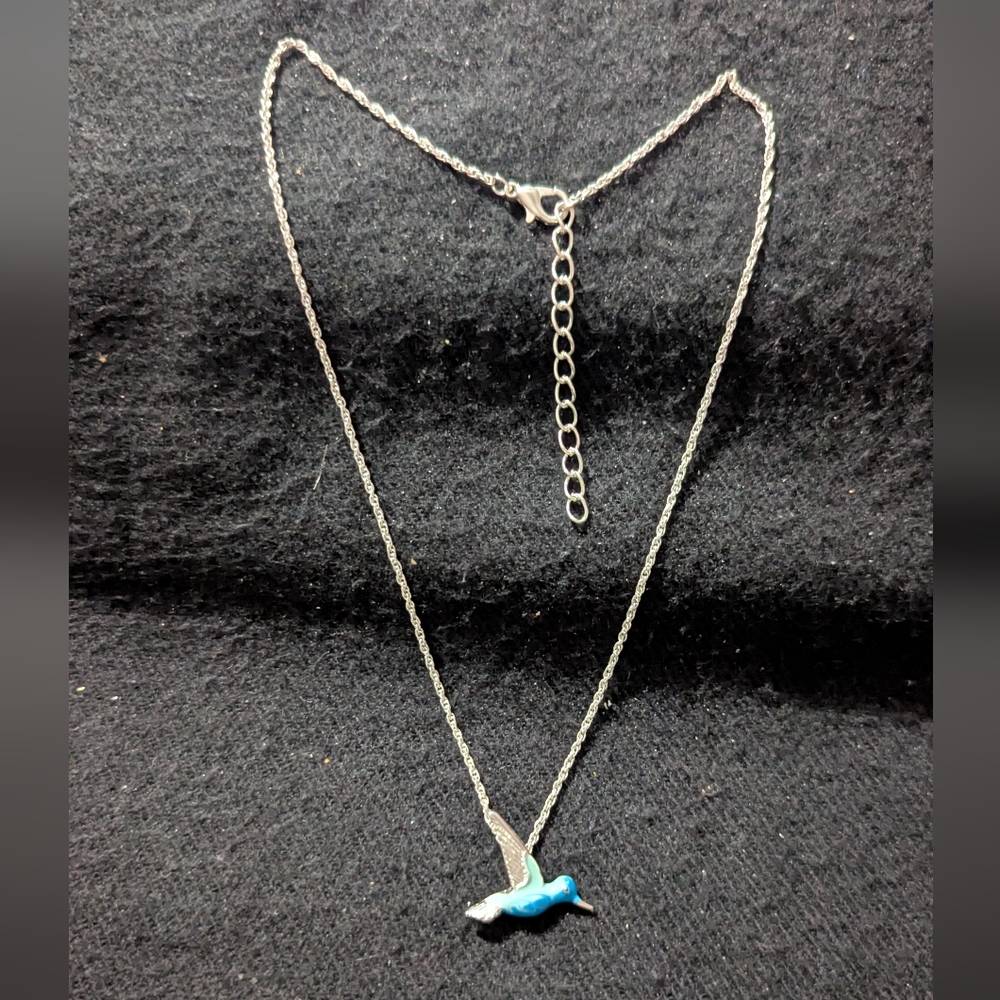 Silver Tone Blue Enamel Hummingbird Bird Dainty Pendant Statement Necklace